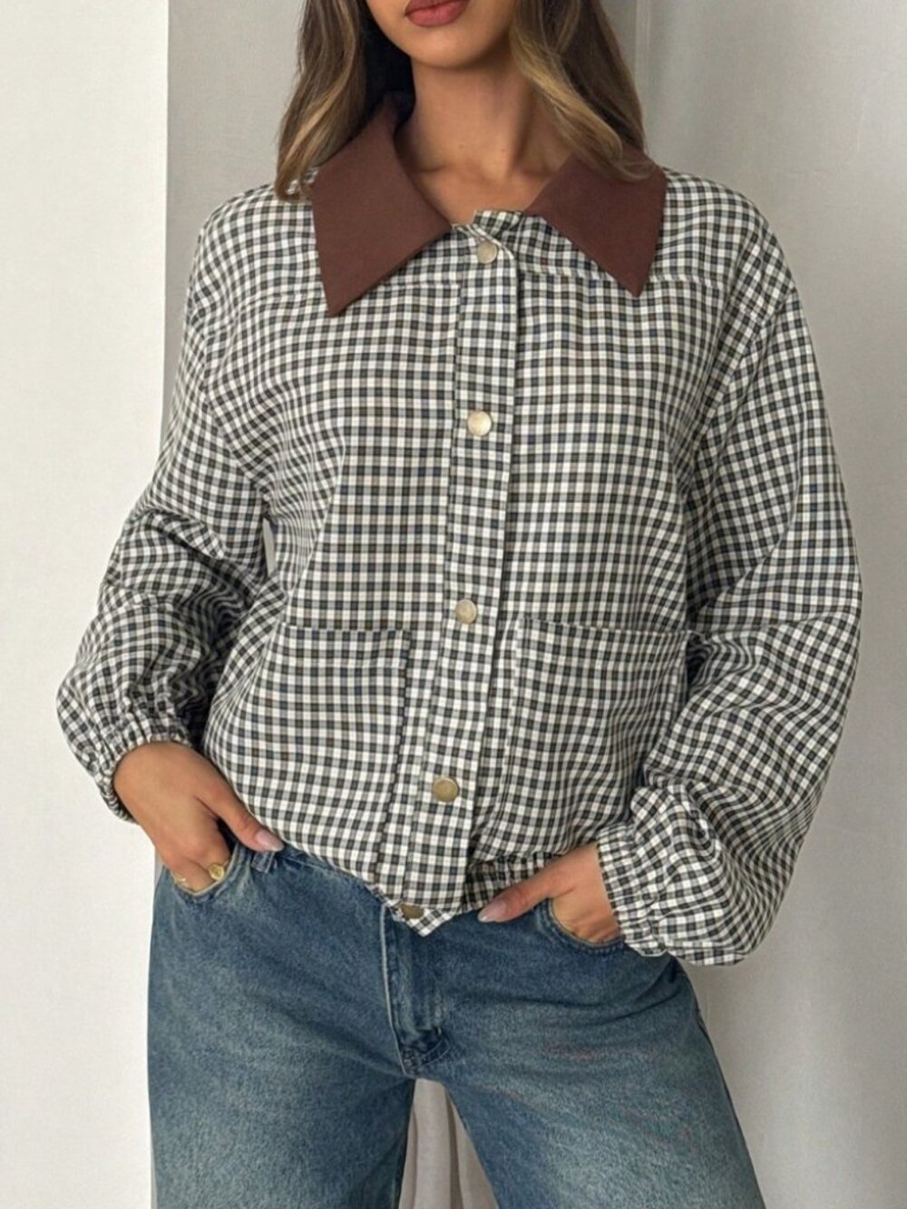 Brown & White Gingham Plaid Shirt Jacket with Contrast Collar